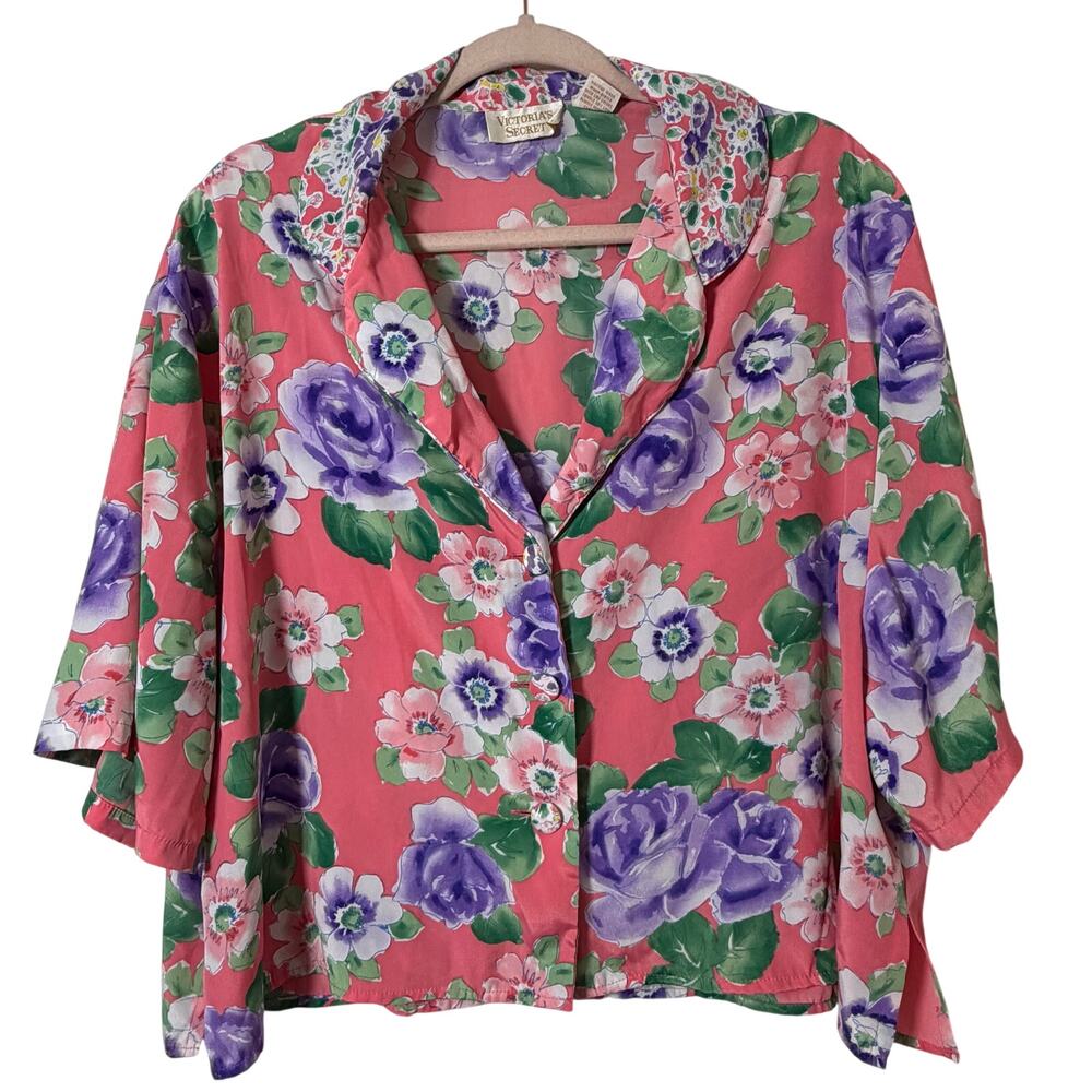 Lg Vtg Victorias Secret Gold Label Satin Button Up Blouse Y2K Coquette Floral 90